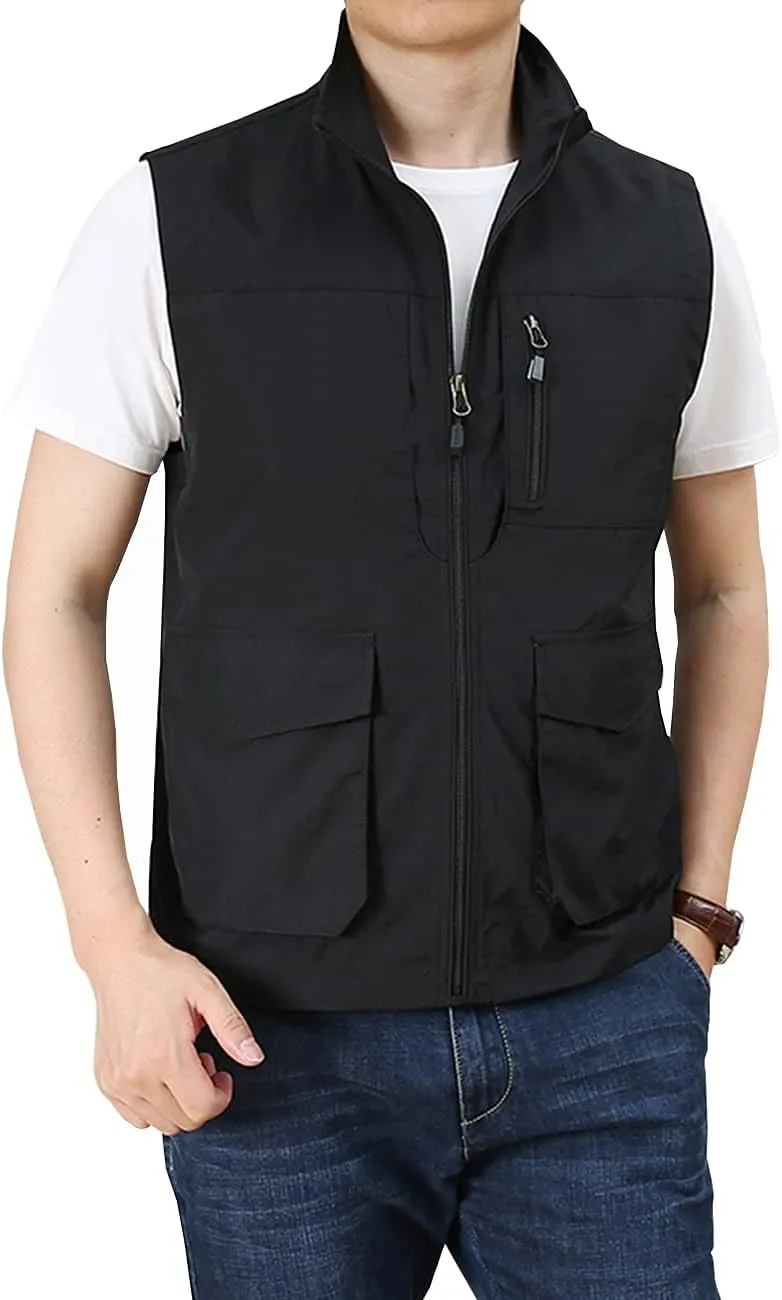 Hixiaohe Men's Casual Lightweight Outdoor Vest Work Fish Photo Travel Golf Vest Zip up Sleeveless Jacket with Pockets