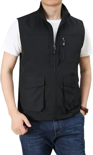 Hixiaohe Men's Casual Lightweight Outdoor Vest Work Fish Photo Travel Golf Vest Zip up Sleeveless Jacket with Pockets
