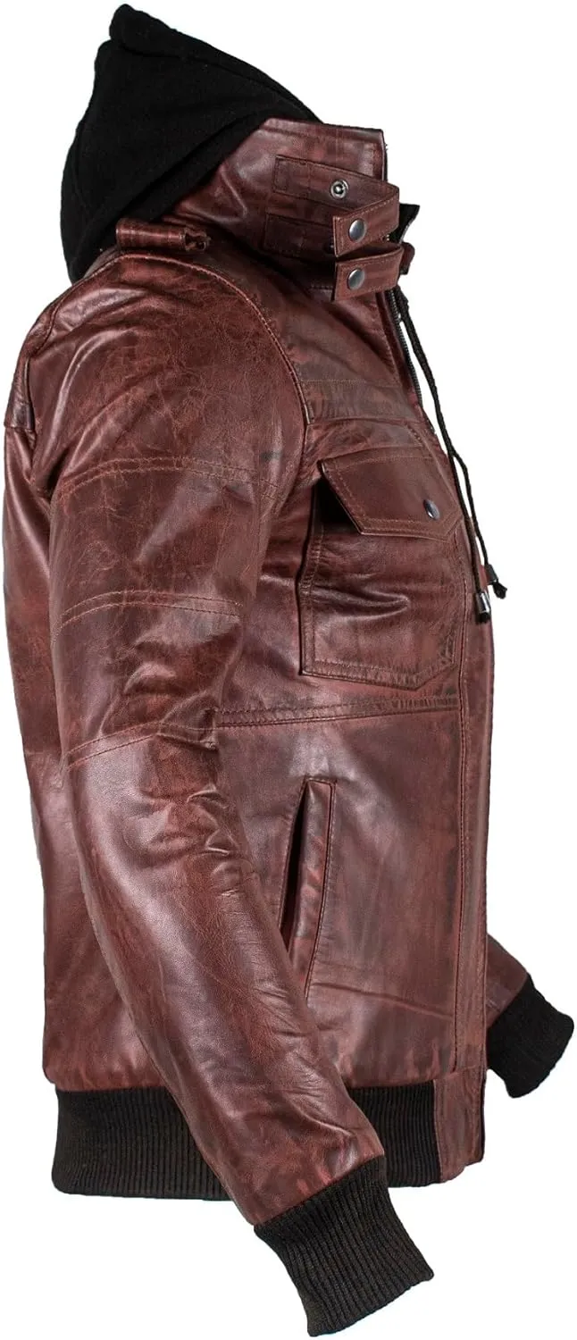 Hooded Leather Jacket For Men | Bomber Leather Jacket Mens with Removable Hood