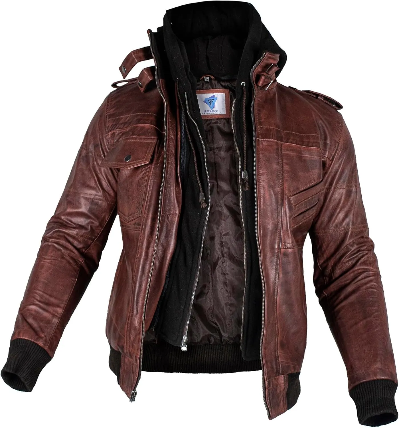 Hooded Leather Jacket For Men | Bomber Leather Jacket Mens with Removable Hood