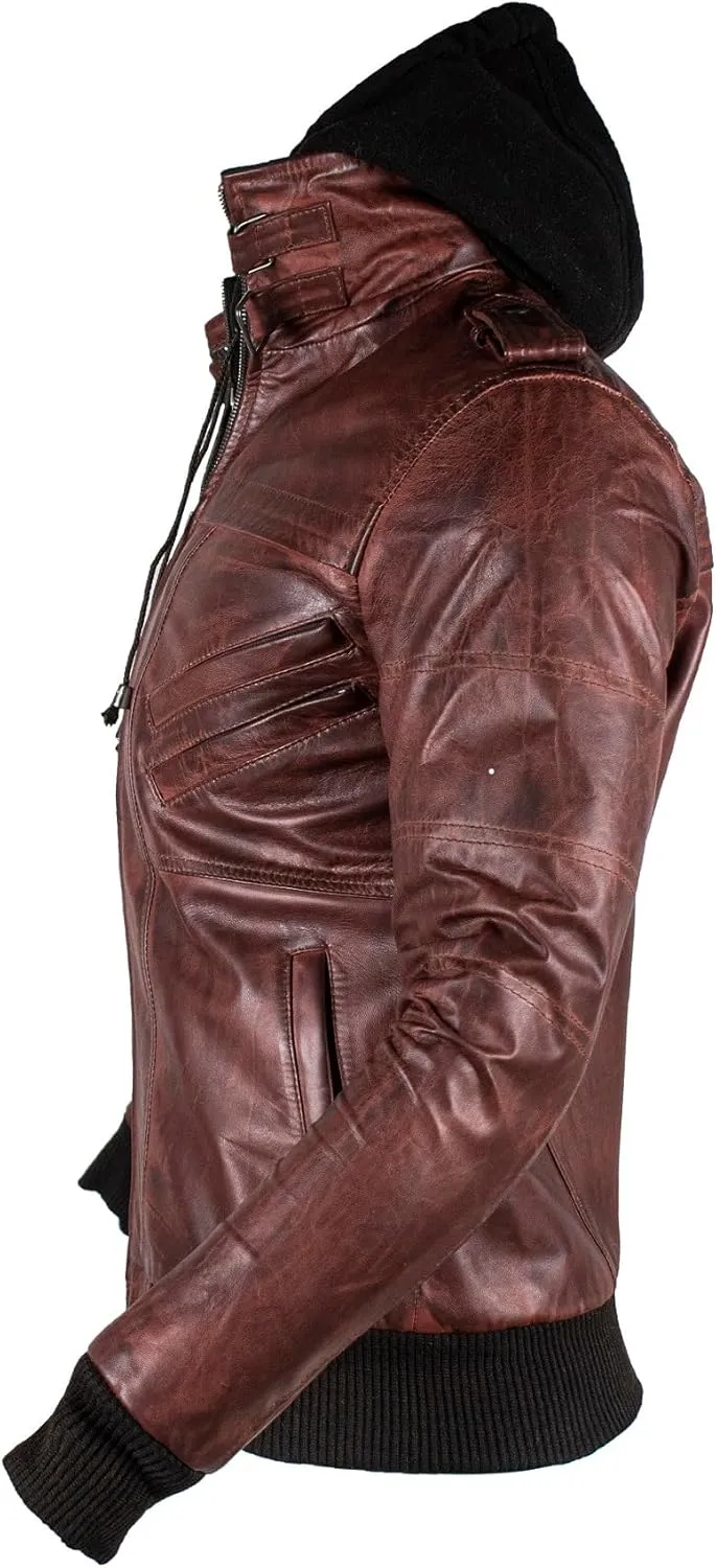 Hooded Leather Jacket For Men | Bomber Leather Jacket Mens with Removable Hood