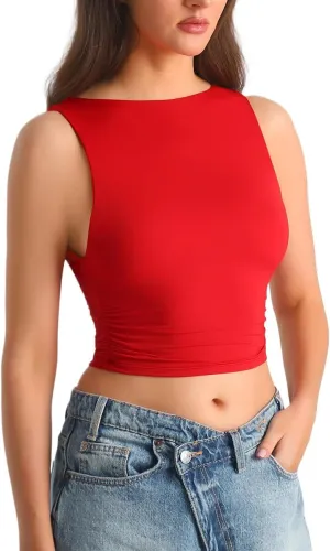 HOYAYO Women's Reversible Slim Fit Tank Top Boat Neck Sleeveless Dropped Armholes Side Ruched Double-Layer Crop Tee Shirt