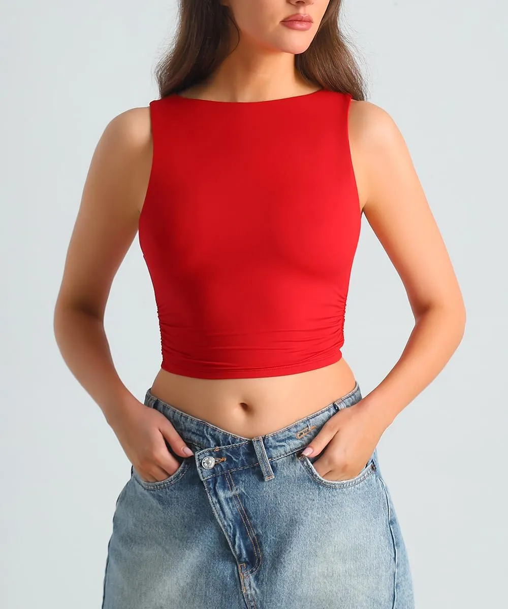 HOYAYO Women's Reversible Slim Fit Tank Top Boat Neck Sleeveless Dropped Armholes Side Ruched Double-Layer Crop Tee Shirt