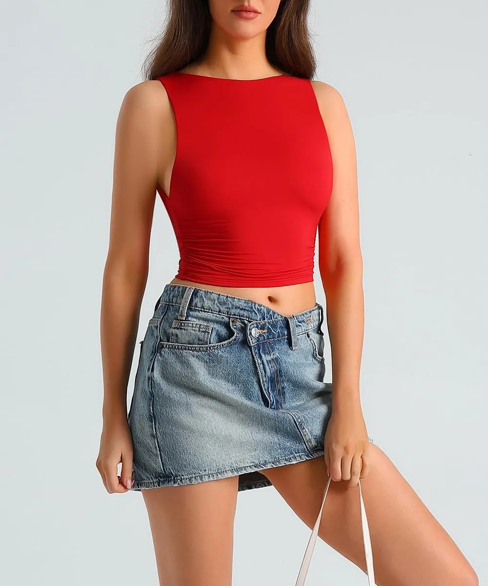 HOYAYO Women's Reversible Slim Fit Tank Top Boat Neck Sleeveless Dropped Armholes Side Ruched Double-Layer Crop Tee Shirt