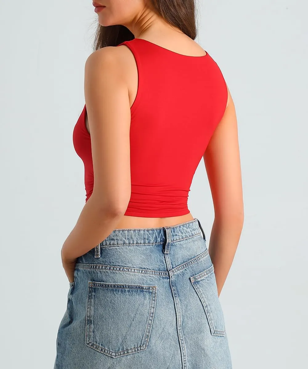 HOYAYO Women's Reversible Slim Fit Tank Top Boat Neck Sleeveless Dropped Armholes Side Ruched Double-Layer Crop Tee Shirt