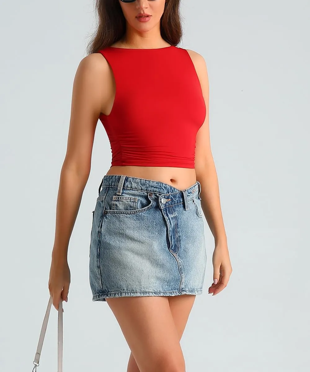 HOYAYO Women's Reversible Slim Fit Tank Top Boat Neck Sleeveless Dropped Armholes Side Ruched Double-Layer Crop Tee Shirt