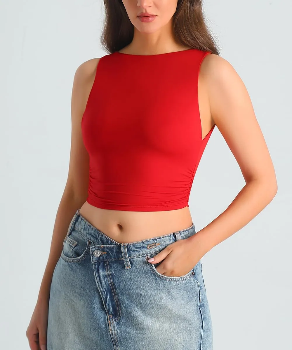 HOYAYO Women's Reversible Slim Fit Tank Top Boat Neck Sleeveless Dropped Armholes Side Ruched Double-Layer Crop Tee Shirt