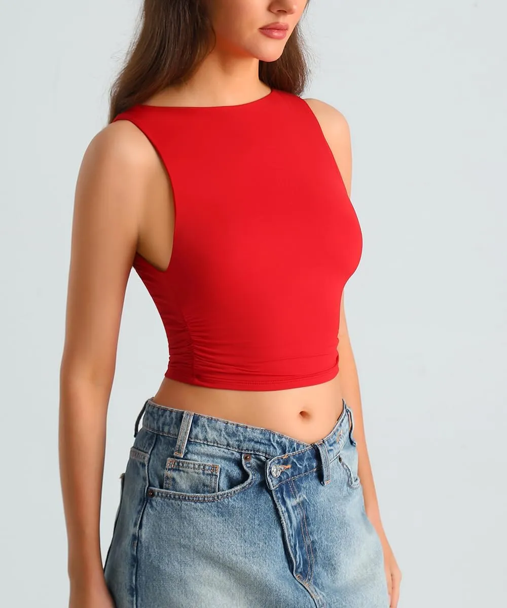 HOYAYO Women's Reversible Slim Fit Tank Top Boat Neck Sleeveless Dropped Armholes Side Ruched Double-Layer Crop Tee Shirt