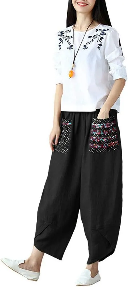 Hwayslon Women's Baggy Linen Wide Leg Trousers Casual Patchwork Elastic Waist Harem Pants Harlan Pants M -XXL