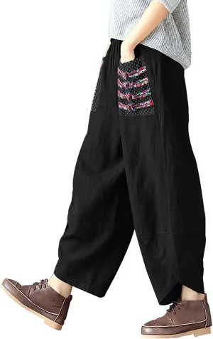 Hwayslon Women's Baggy Linen Wide Leg Trousers Casual Patchwork Elastic Waist Harem Pants Harlan Pants M -XXL