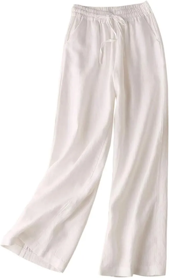 IDEALSANXUN Womens Casual Elastic Waist Cotton Linen Straight Leg Pants Loose Fit Palazzo Pants