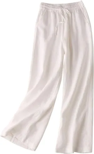 IDEALSANXUN Womens Casual Elastic Waist Cotton Linen Straight Leg Pants Loose Fit Palazzo Pants