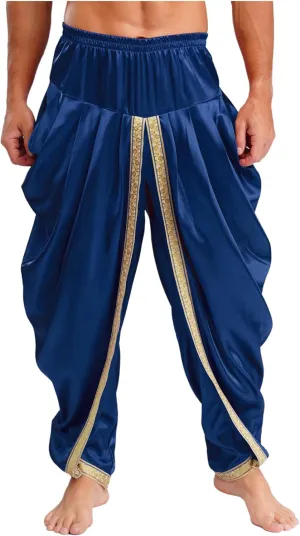 iiniim Mens Solid Color Elastic Waist Dhoti Pants Palazzo Trousers Loose Fit Belly Dance Harem Pants