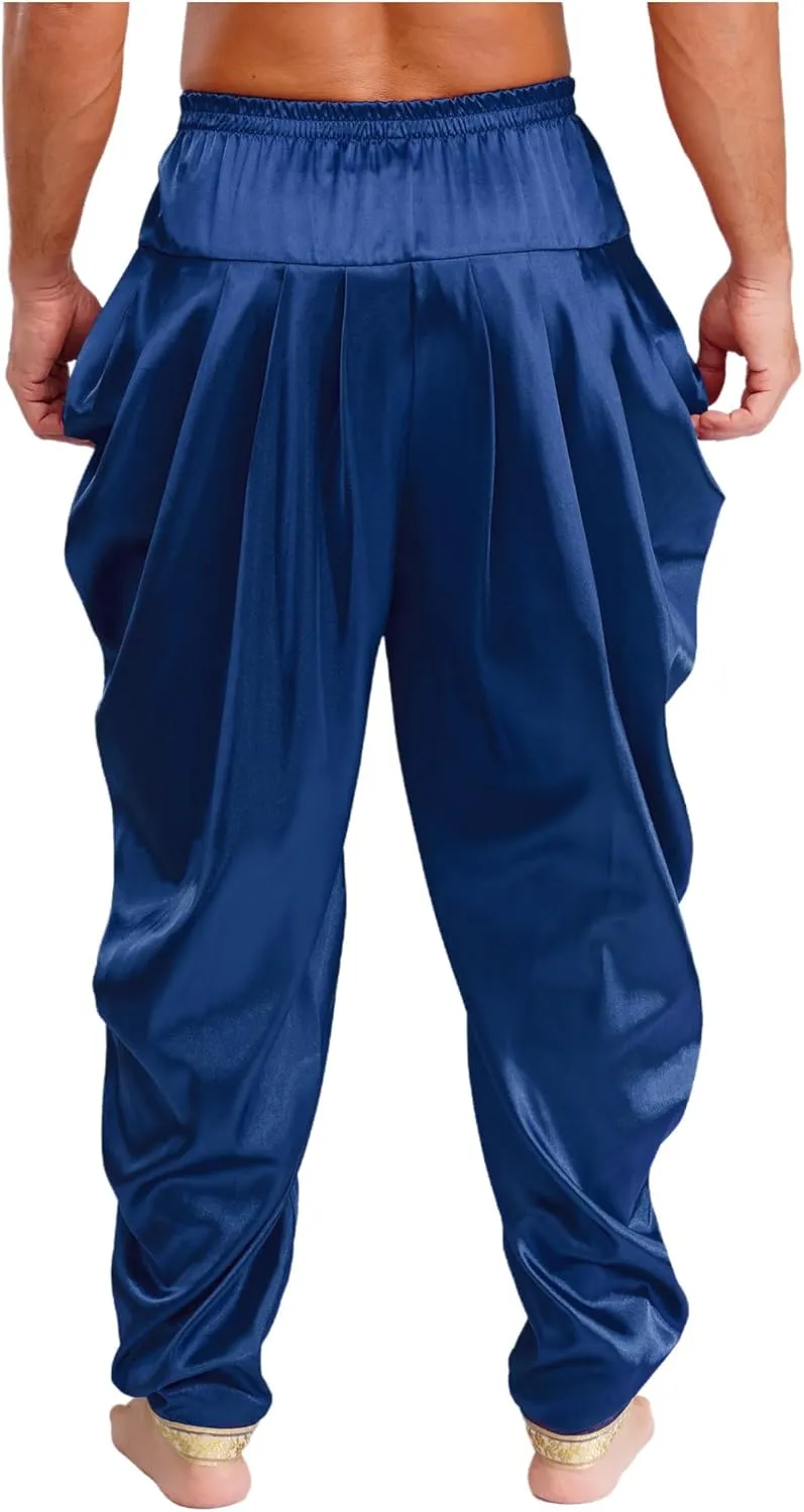 iiniim Mens Solid Color Elastic Waist Dhoti Pants Palazzo Trousers Loose Fit Belly Dance Harem Pants