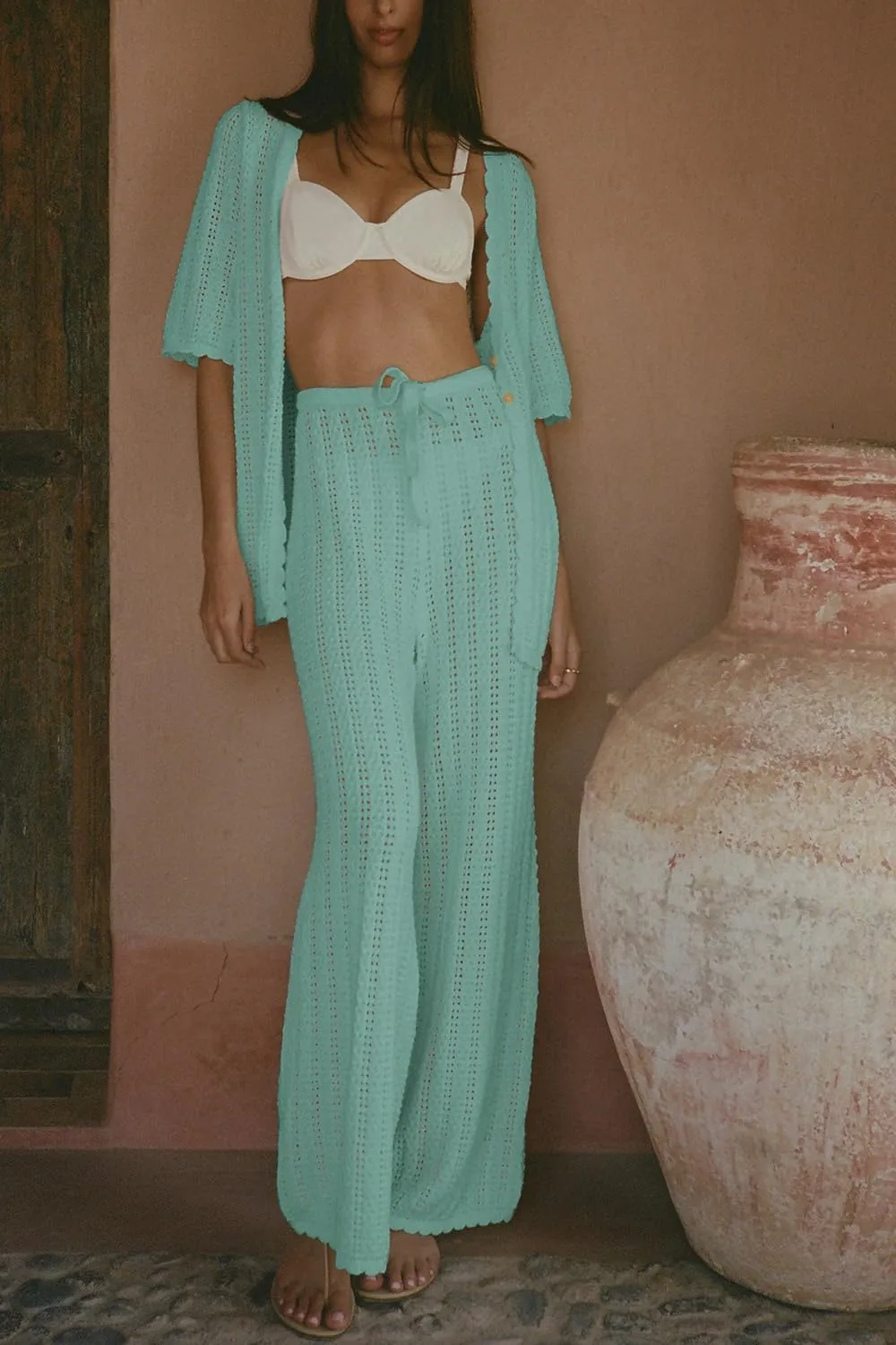 Imily Bela Women's Summer 2 Piece Swimsuit Cover up Crochet Knit Cardigan Tops Long Pants Set Bathing Suit Beach Outfit