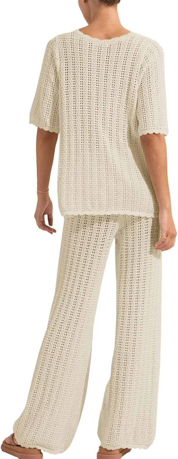 Imily Bela Women's Summer 2 Piece Swimsuit Cover up Crochet Knit Cardigan Tops Long Pants Set Bathing Suit Beach Outfit