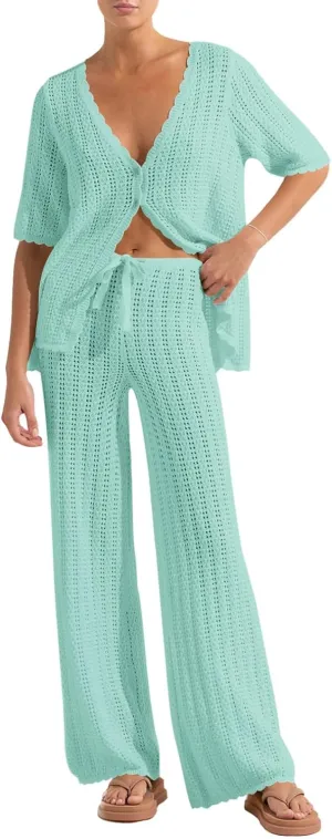 Imily Bela Women's Summer 2 Piece Swimsuit Cover up Crochet Knit Cardigan Tops Long Pants Set Bathing Suit Beach Outfit