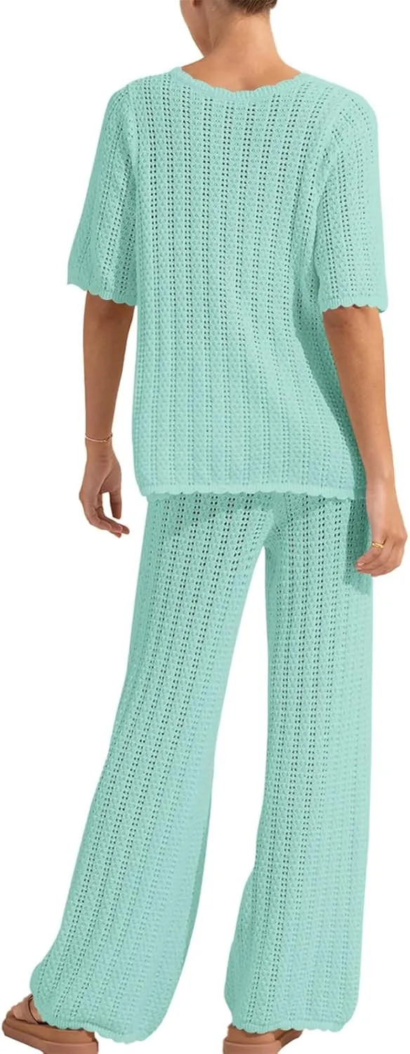 Imily Bela Women's Summer 2 Piece Swimsuit Cover up Crochet Knit Cardigan Tops Long Pants Set Bathing Suit Beach Outfit