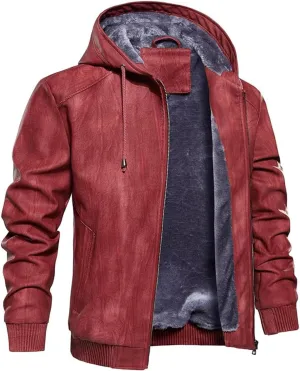 INVACHI Men's Leather Jacket PU Bomber Motorcycle Jacket with Fleece Lined Hood Windproof Winter Coat