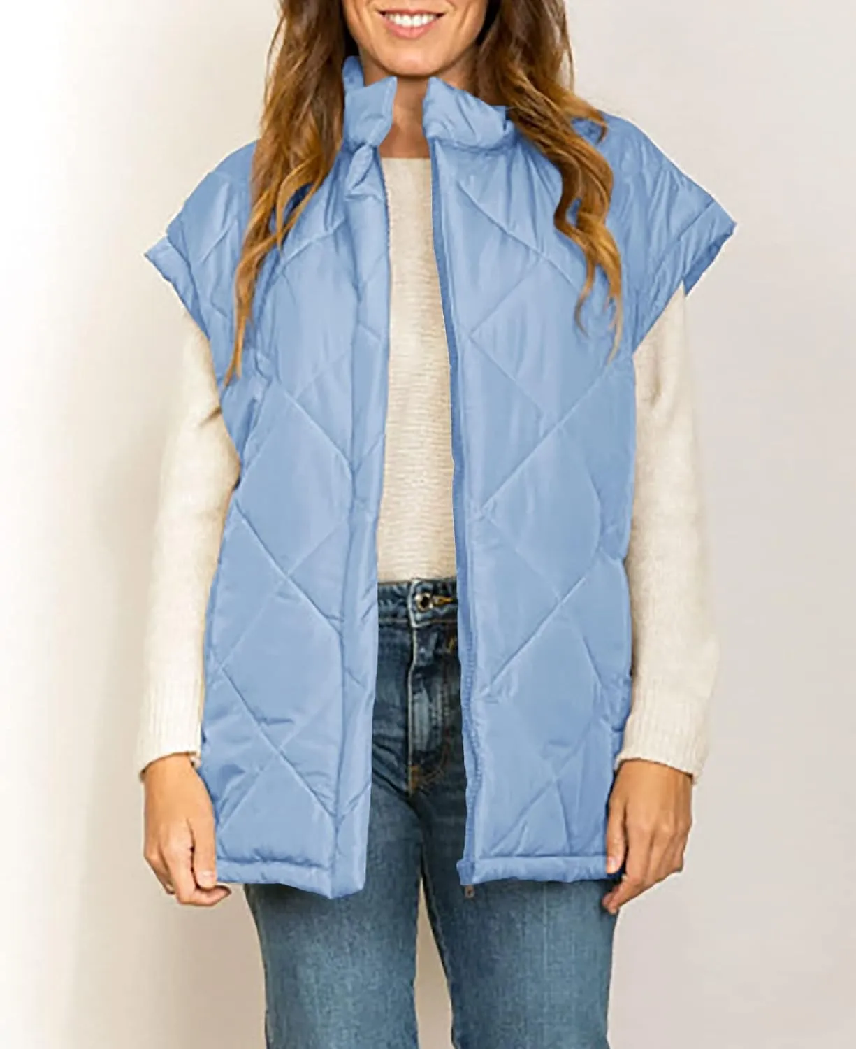 Jeanewpole1 Women's Padded Puffy Vest Stand Collar Sleeveless Zip Gilet with Belt