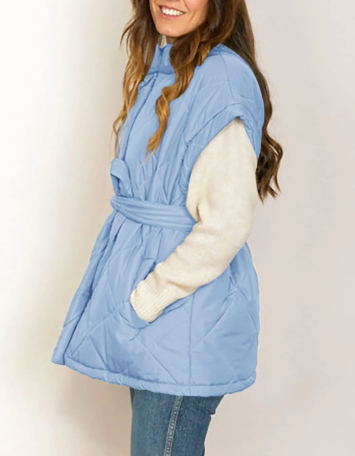 Jeanewpole1 Women's Padded Puffy Vest Stand Collar Sleeveless Zip Gilet with Belt