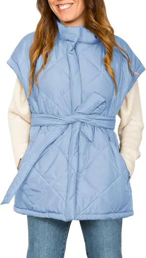 Jeanewpole1 Women's Padded Puffy Vest Stand Collar Sleeveless Zip Gilet with Belt