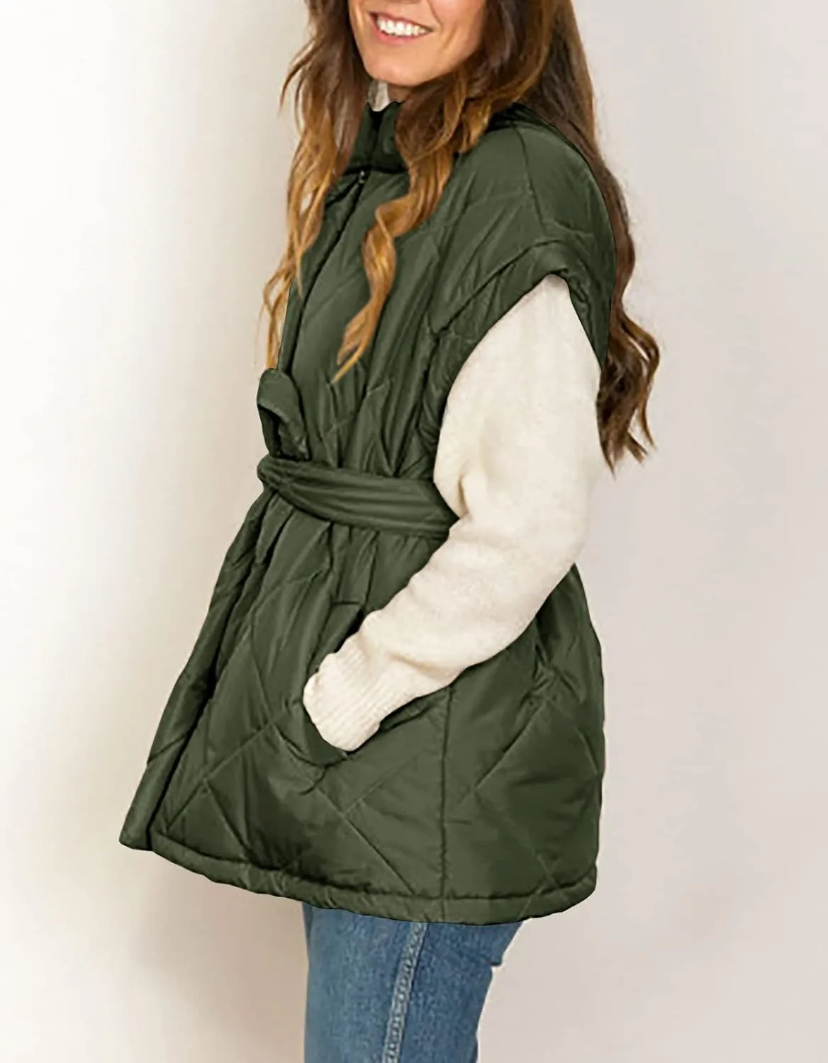 Jeanewpole1 Women's Padded Puffy Vest Stand Collar Sleeveless Zip Gilet with Belt
