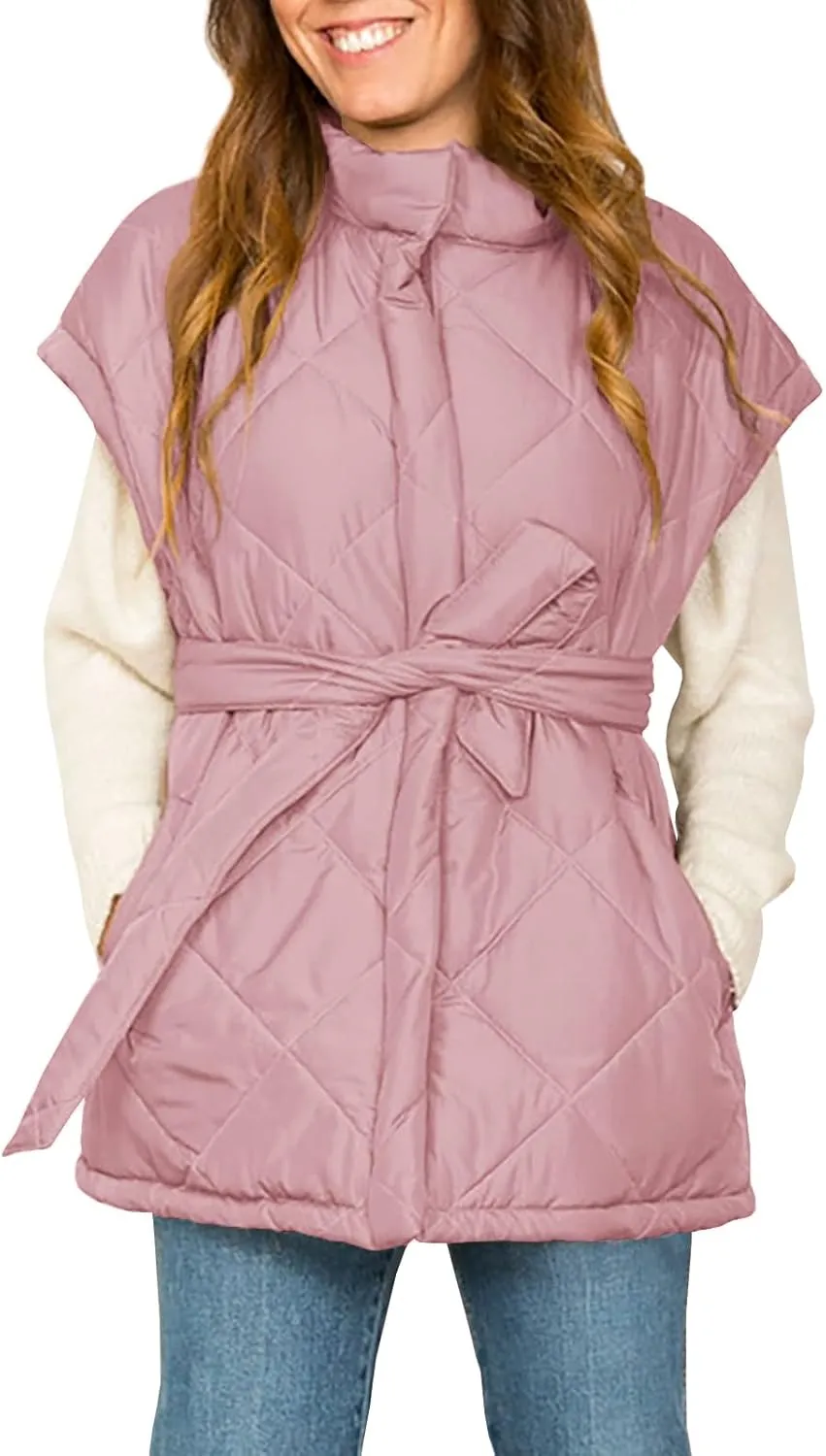 Jeanewpole1 Women's Padded Puffy Vest Stand Collar Sleeveless Zip Gilet with Belt