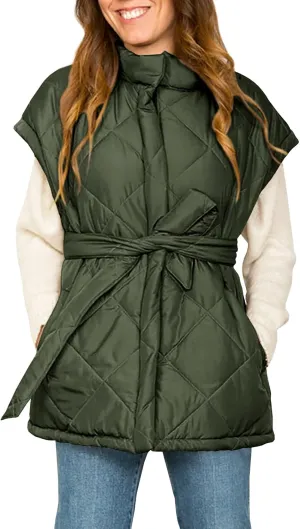 Jeanewpole1 Women's Padded Puffy Vest Stand Collar Sleeveless Zip Gilet with Belt