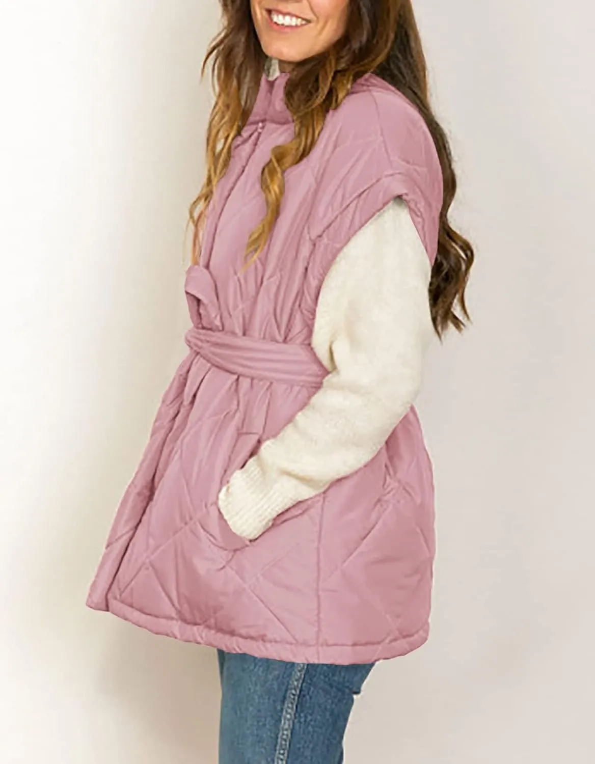 Jeanewpole1 Women's Padded Puffy Vest Stand Collar Sleeveless Zip Gilet with Belt