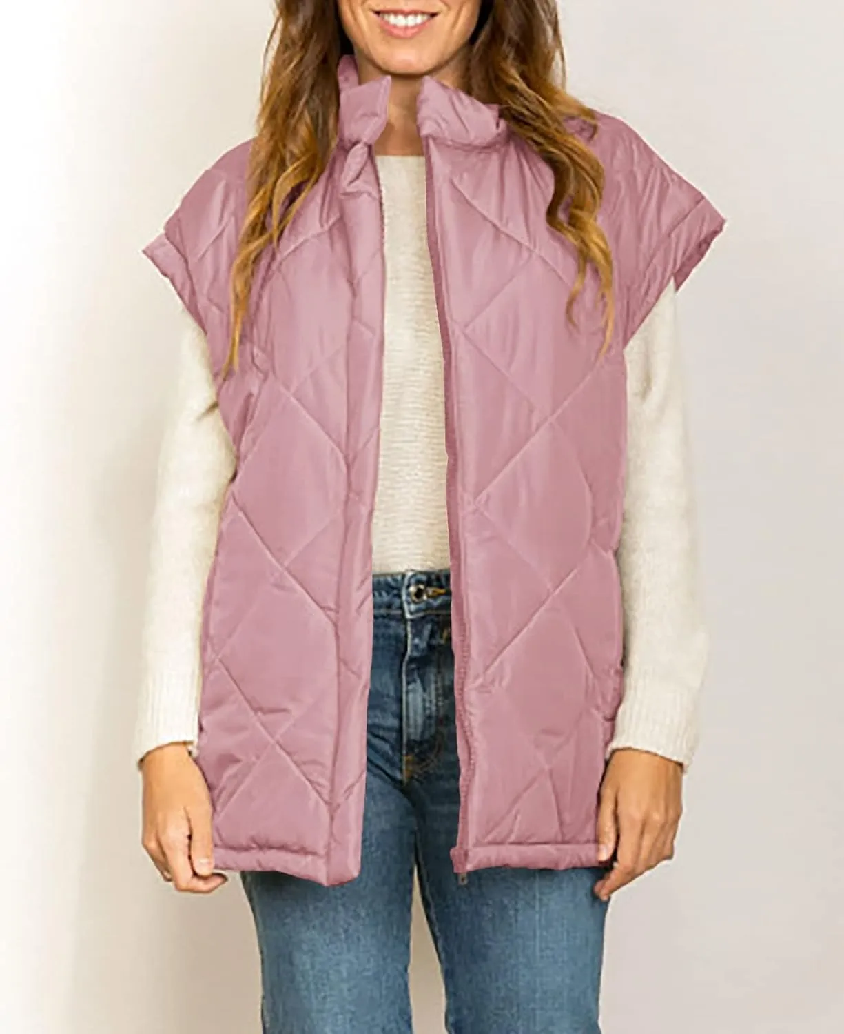 Jeanewpole1 Women's Padded Puffy Vest Stand Collar Sleeveless Zip Gilet with Belt