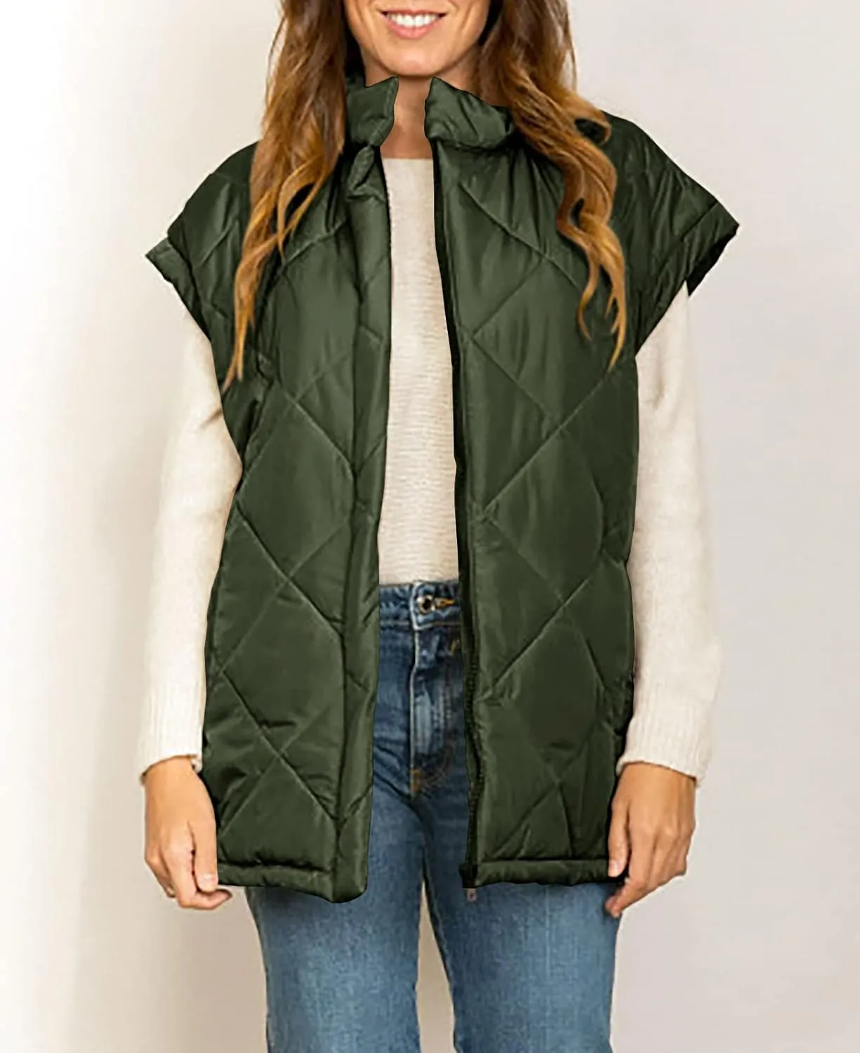 Jeanewpole1 Women's Padded Puffy Vest Stand Collar Sleeveless Zip Gilet with Belt