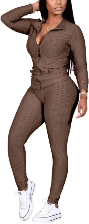 Jogging Suits for Women, Textured 2 Piece Outfit Long Sleeve Full Zip Jacket Skinny Pants Tracksuit Set