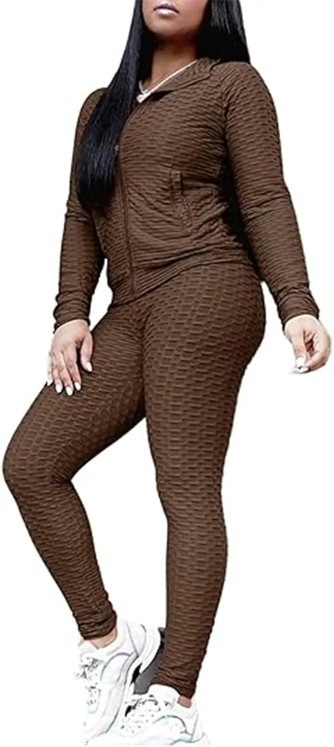Jogging Suits for Women, Textured 2 Piece Outfit Long Sleeve Full Zip Jacket Skinny Pants Tracksuit Set