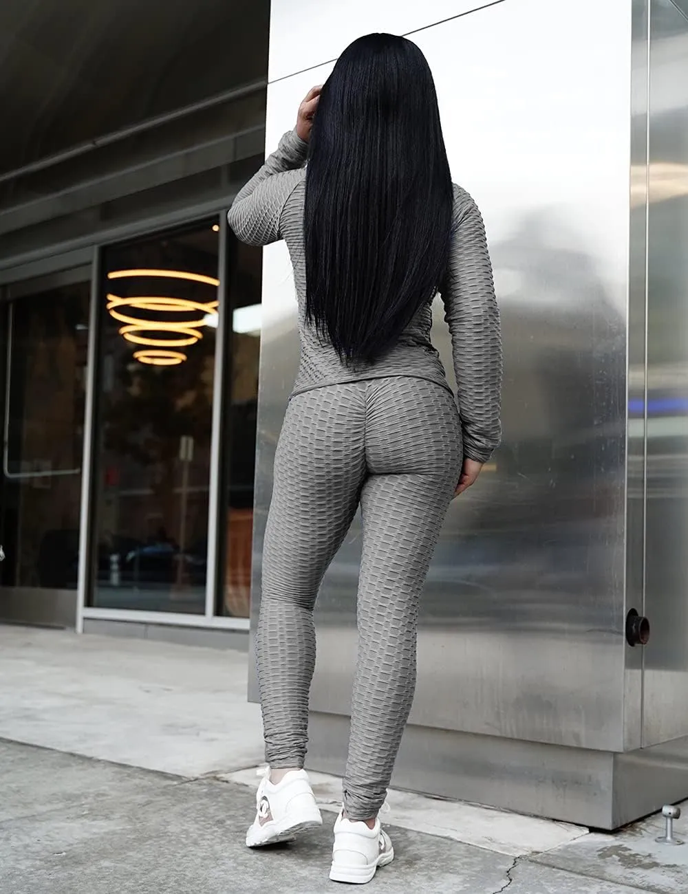 Jogging Suits for Women, Textured 2 Piece Outfit Long Sleeve Full Zip Jacket Skinny Pants Tracksuit Set