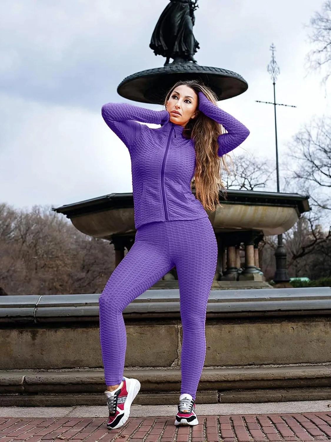 Jogging Suits for Women, Textured 2 Piece Outfit Long Sleeve Full Zip Jacket Skinny Pants Tracksuit Set