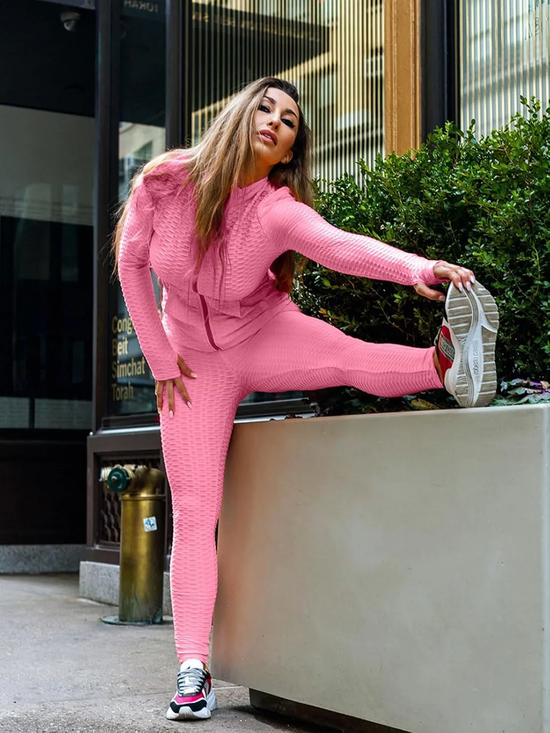 Jogging Suits for Women, Textured 2 Piece Outfit Long Sleeve Full Zip Jacket Skinny Pants Tracksuit Set