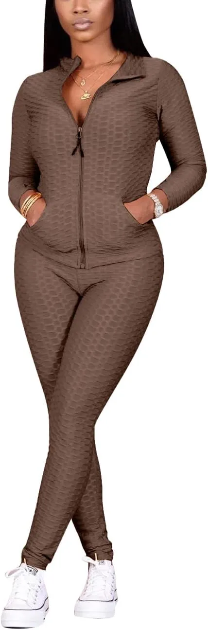 Jogging Suits for Women, Textured 2 Piece Outfit Long Sleeve Full Zip Jacket Skinny Pants Tracksuit Set