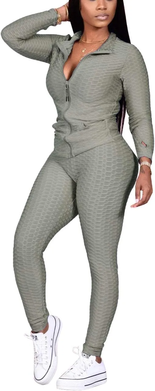Jogging Suits for Women, Textured 2 Piece Outfit Long Sleeve Full Zip Jacket Skinny Pants Tracksuit Set