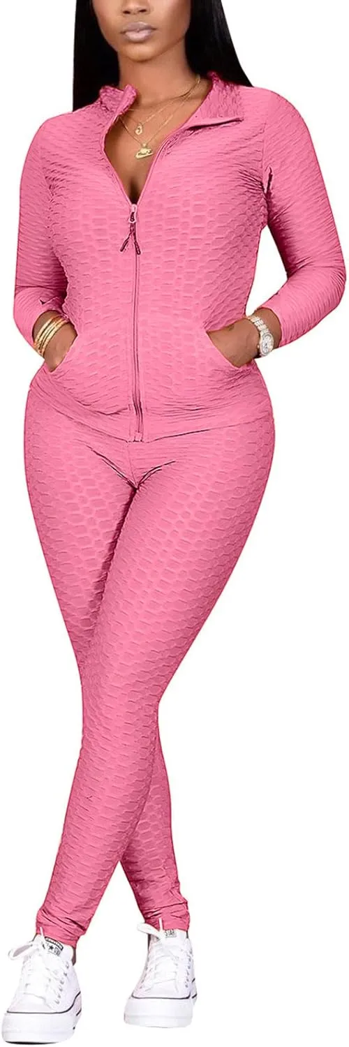 Jogging Suits for Women, Textured 2 Piece Outfit Long Sleeve Full Zip Jacket Skinny Pants Tracksuit Set