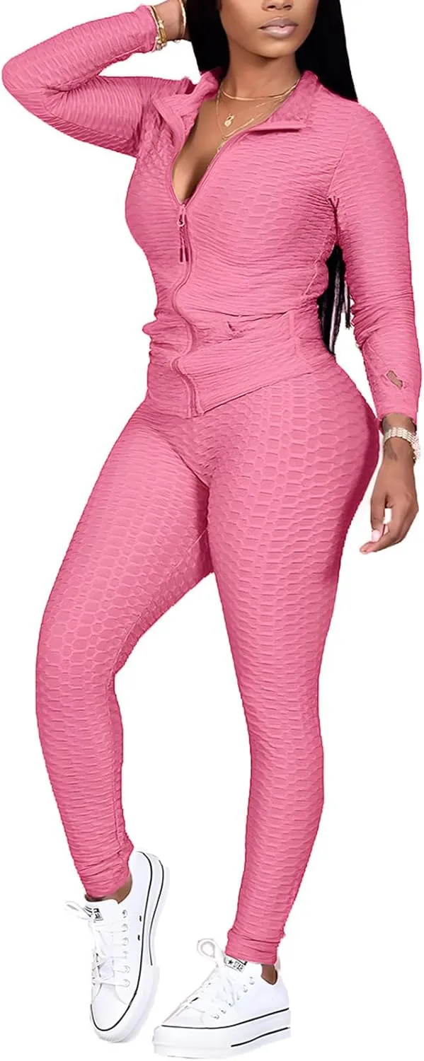 Jogging Suits for Women, Textured 2 Piece Outfit Long Sleeve Full Zip Jacket Skinny Pants Tracksuit Set