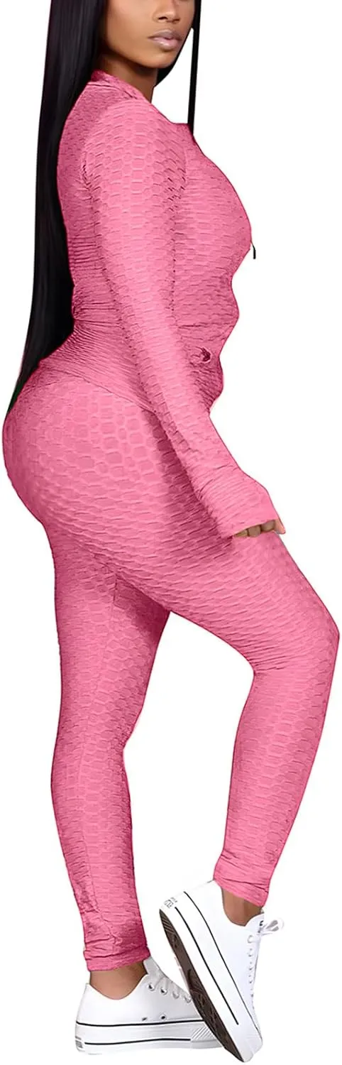 Jogging Suits for Women, Textured 2 Piece Outfit Long Sleeve Full Zip Jacket Skinny Pants Tracksuit Set