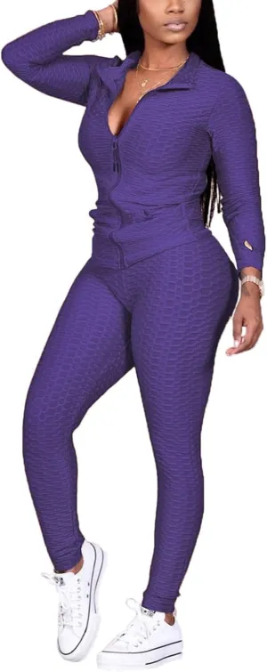 Jogging Suits for Women, Textured 2 Piece Outfit Long Sleeve Full Zip Jacket Skinny Pants Tracksuit Set