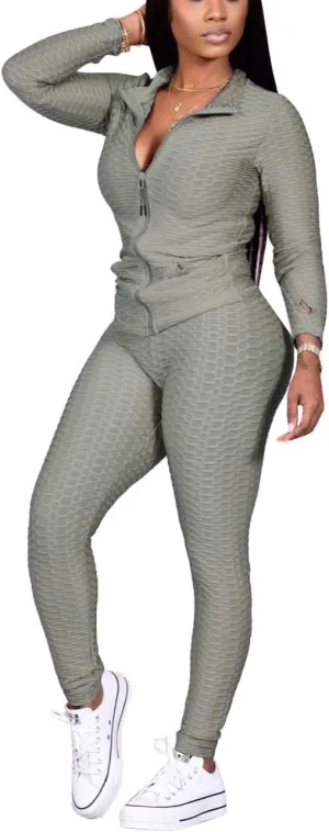 Jogging Suits for Women, Textured 2 Piece Outfit Long Sleeve Full Zip Jacket Skinny Pants Tracksuit Set