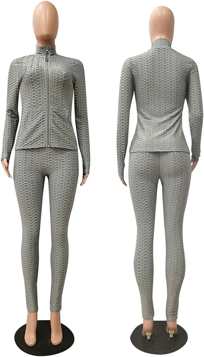 Jogging Suits for Women, Textured 2 Piece Outfit Long Sleeve Full Zip Jacket Skinny Pants Tracksuit Set