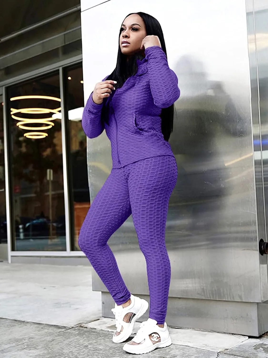 Jogging Suits for Women, Textured 2 Piece Outfit Long Sleeve Full Zip Jacket Skinny Pants Tracksuit Set