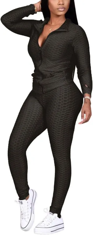 Jogging Suits for Women, Textured 2 Piece Outfit Long Sleeve Full Zip Jacket Skinny Pants Tracksuit Set