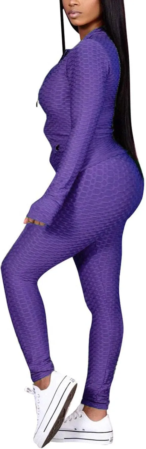 Jogging Suits for Women, Textured 2 Piece Outfit Long Sleeve Full Zip Jacket Skinny Pants Tracksuit Set