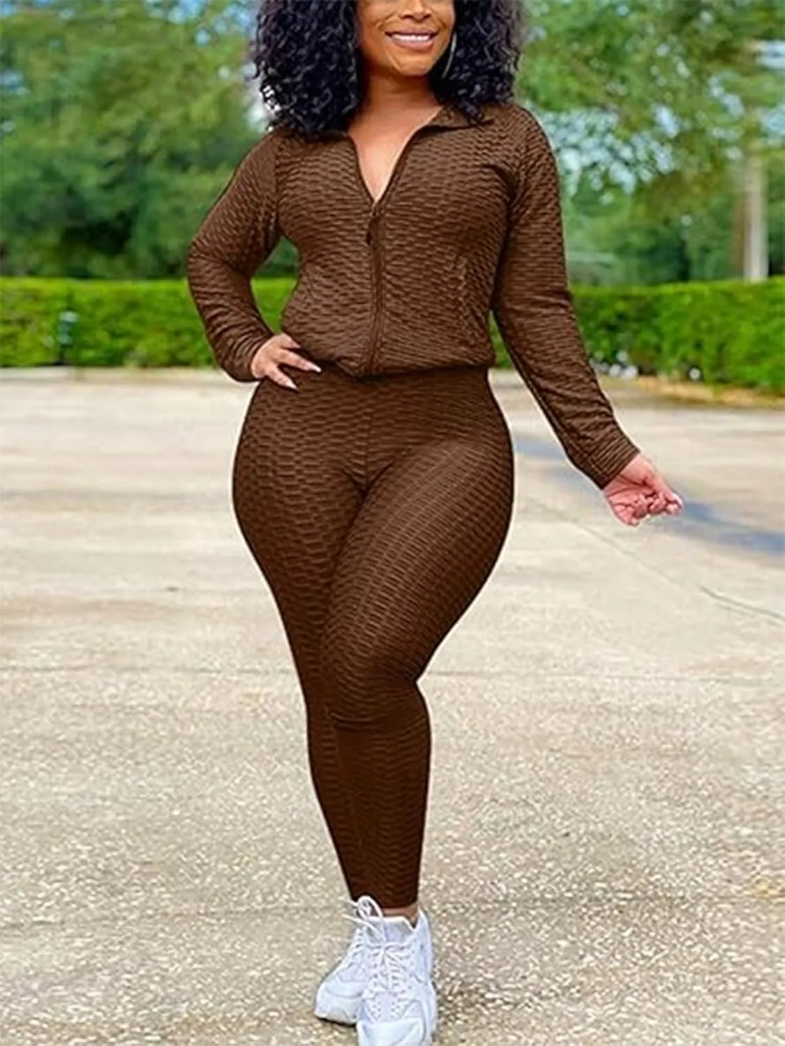 Jogging Suits for Women, Textured 2 Piece Outfit Long Sleeve Full Zip Jacket Skinny Pants Tracksuit Set