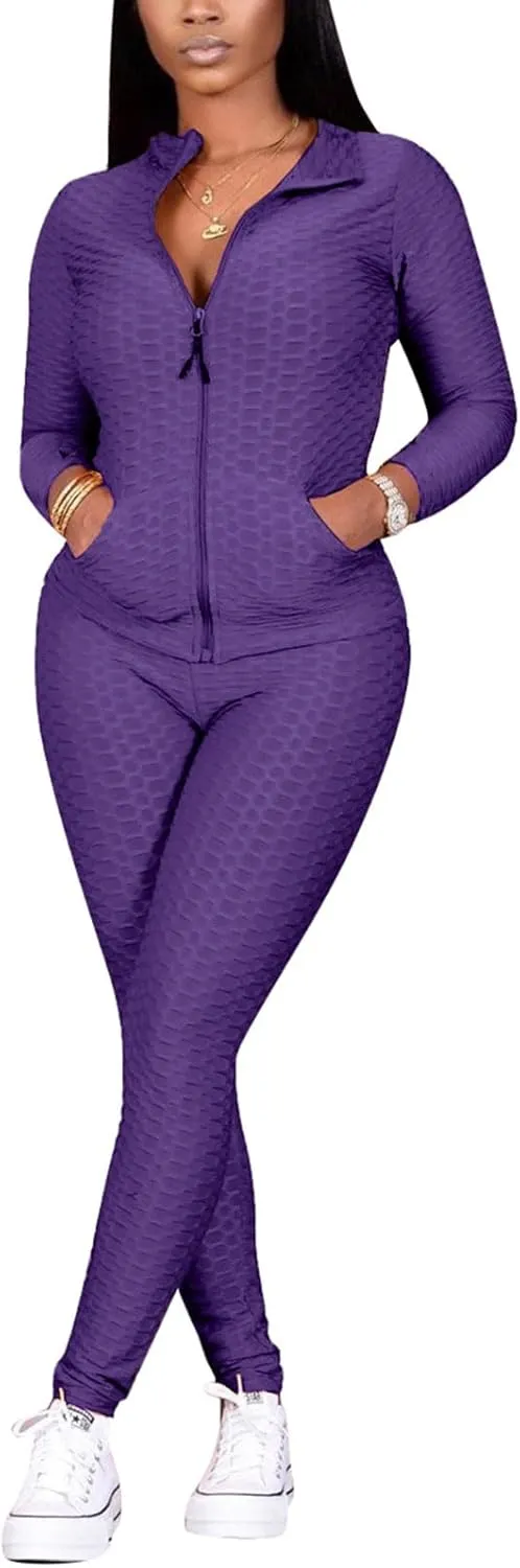 Jogging Suits for Women, Textured 2 Piece Outfit Long Sleeve Full Zip Jacket Skinny Pants Tracksuit Set